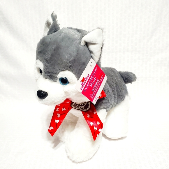 Walmart Hug Fun Siberian Husky Plush Puppy Love Grey Dog Heart Bow Stuffed 12". - Picture 2 of 13